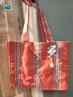 Premium Fabric Gift Bag with Silver Leaf Latkan - Gold, MOQ 10