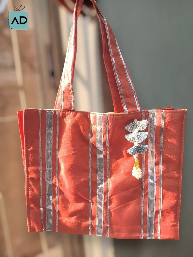 Premium Fabric Gift Bag with Silver Leaf Latkan - Gold, MOQ 10