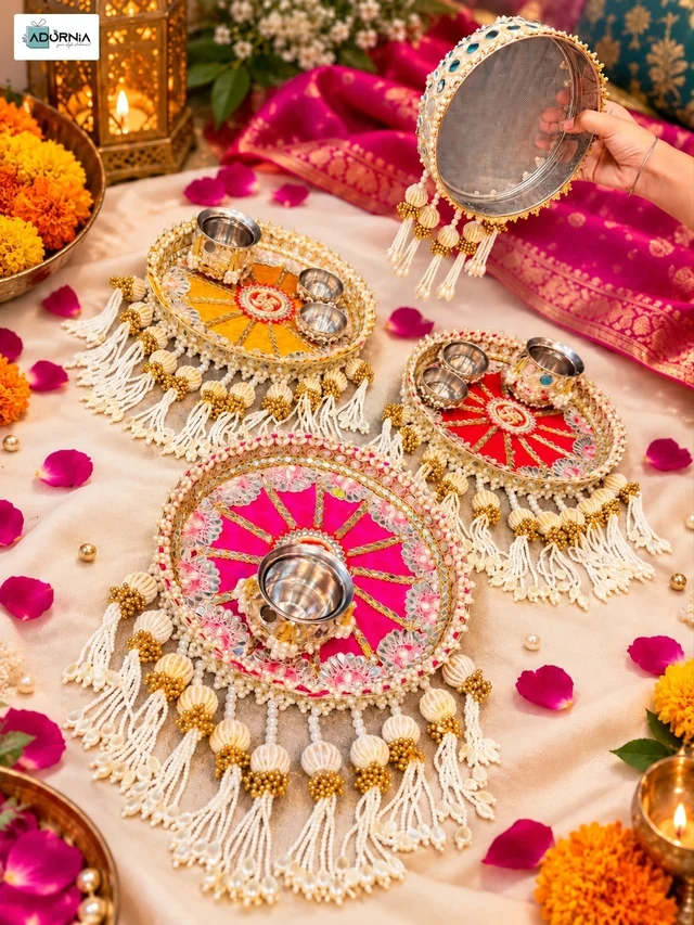 Pearl and Mirror Work Decorative Pooja Thali Set with Channi and Kalash -