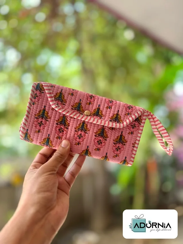 3 Fold Quilted Hand Block Print Clutch