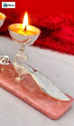 German Silver Double Peacock Diya With Agarbatti Stand And Pink Resin Base - Single Piece