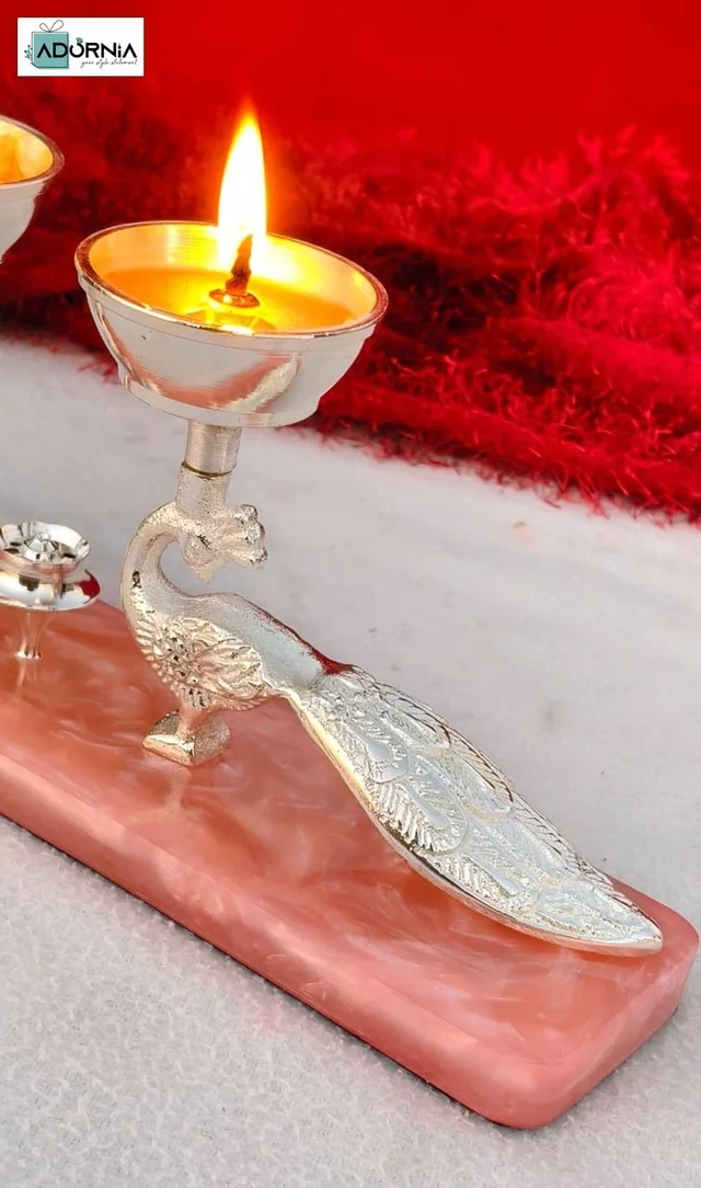 German Silver Double Peacock Diya With Agarbatti Stand And Pink Resin Base - Single Piece