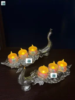 Peacock Three Compartment Tealight Stand Pair - Silver-Plated Aluminium