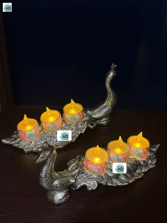 Peacock Three Compartment Tealight Stand Pair - Silver-Plated Aluminium