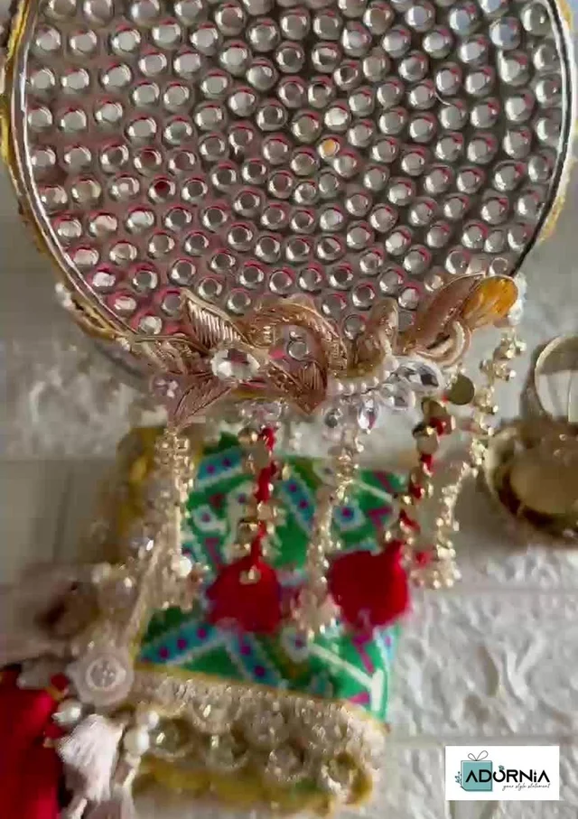 German Silver Karwa Chauth Puja Thali Set with Patola Cover