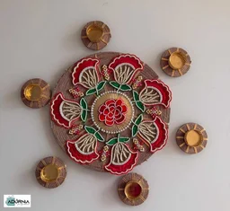 Rangoli on MDF Jute Base 10 Inch with 6 Diya Holders