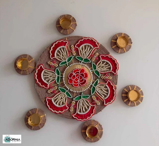 Rangoli on MDF Jute Base 10 Inch with 6 Diya Holders
