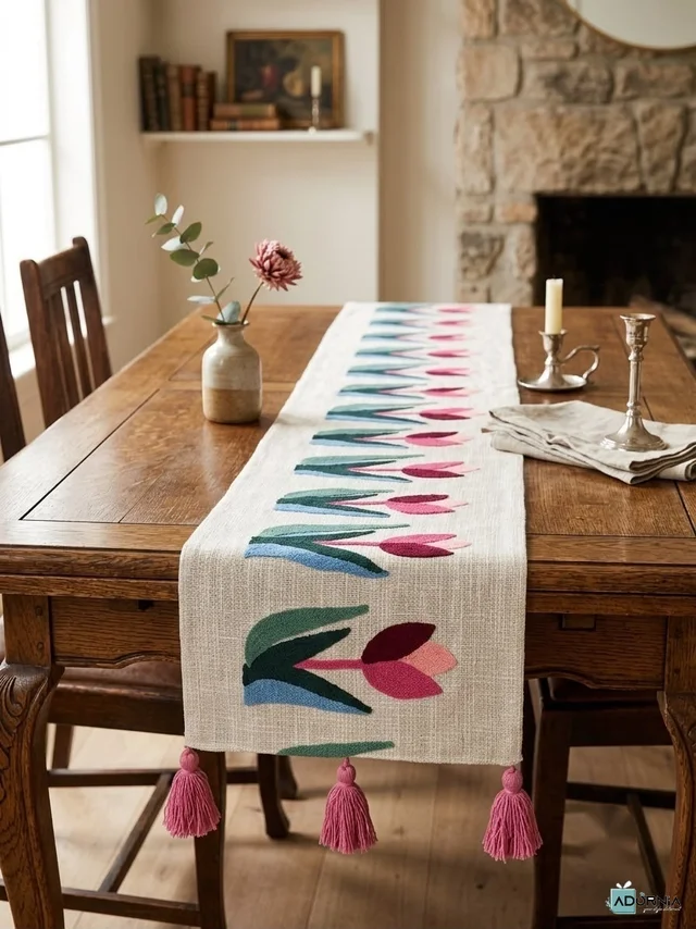Embroidered Table Runner with Tassels - 13 x 72 inches - Mustard Floral Vine