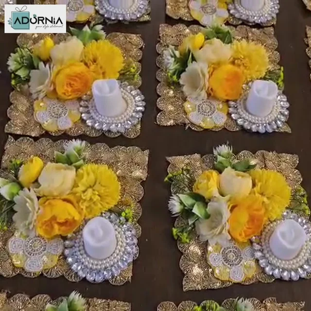 Yellow Floral LED Tea Light Platter - 6 X 6 Inch, MOQ 2