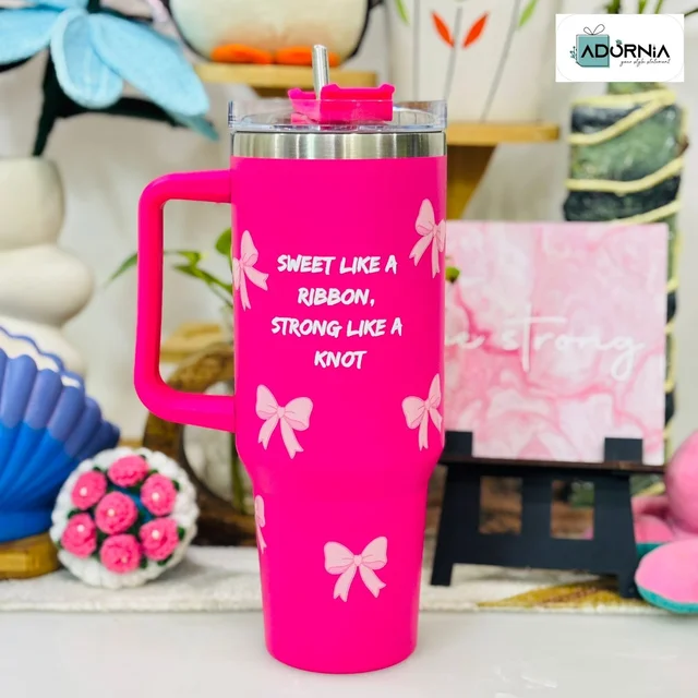 Stainless Steel Tumbler With Handle 1200 Ml 3D Printed Designs - Pink Ribbon