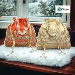 Designer Embroidered Square Raw Silk Potli Bag - 8.5 x 9 inches