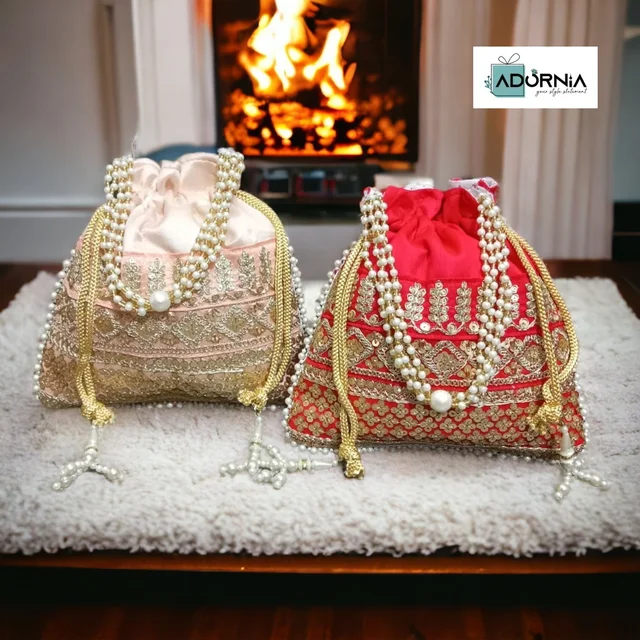 Designer Embroidered Square Raw Silk Potli Bag - 8.5 x 9 inches
