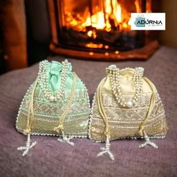 Designer Embroidered Square Raw Silk Potli Bag - 8.5 x 9 inches