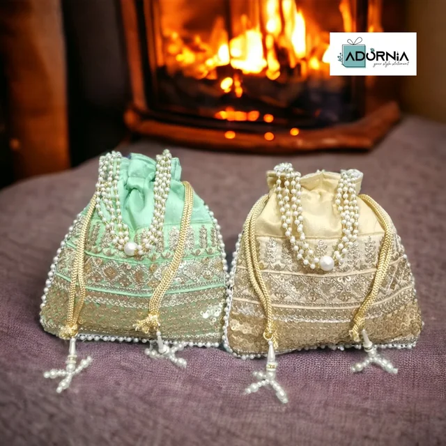 Designer Embroidered Square Raw Silk Potli Bag - 8.5 x 9 inches