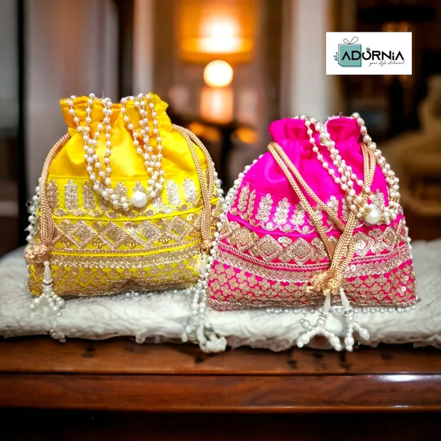 Designer Embroidered Square Raw Silk Potli Bag - 8.5 x 9 inches