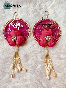 Shubh Labh String Art Rose Hanging Pair with Cowrie Tassels - Red