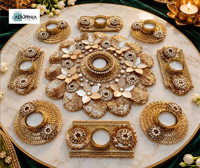 Gold Floral Rangoli Set with Tealight Holders - 20 Inches