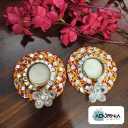 Braided Kundan Mirror Tealight Holder Pair (MOQ 12 pcs - 6 pairs)