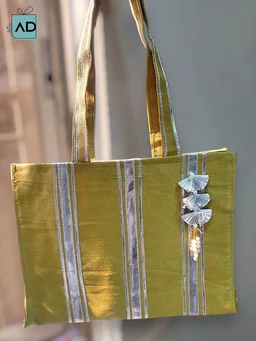 Premium Fabric Gift Bag with Silver Leaf Latkan - Gold, MOQ 10