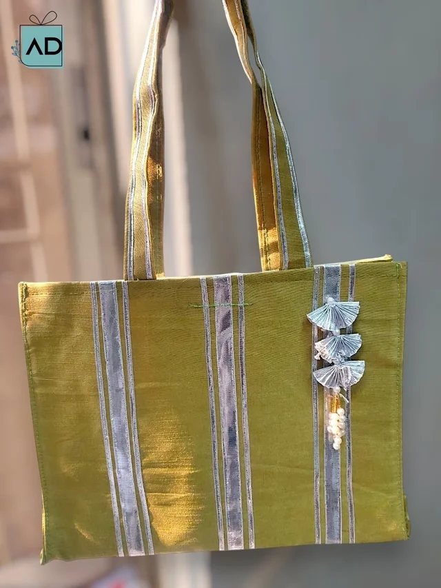 Premium Fabric Gift Bag with Silver Leaf Latkan - Gold, MOQ 10