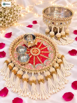 Pearl and Mirror Work Decorative Pooja Thali Set with Channi and Kalash -