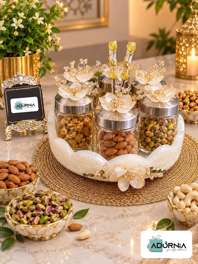 Revolving Tray Mukhwas Jar Set with 2 Spoons - 8 inch