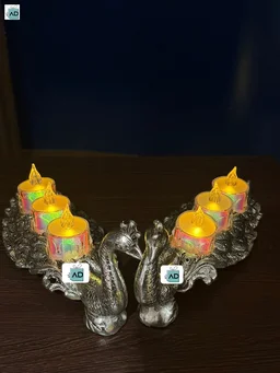 Peacock Three Compartment Tealight Stand Pair - Silver-Plated Aluminium
