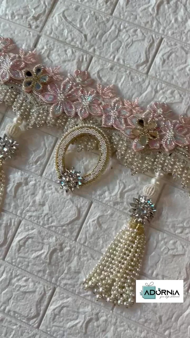 Subtle Pink Floral Pearl Tassel Toran