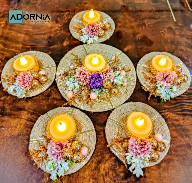 Jute Floral Rangoli Set With 5 Tea Light Holders - With LED T-lights