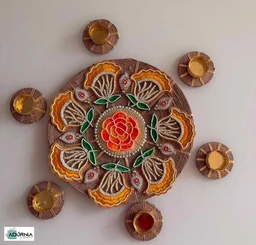 Rangoli on MDF Jute Base 10 Inch with 6 Diya Holders