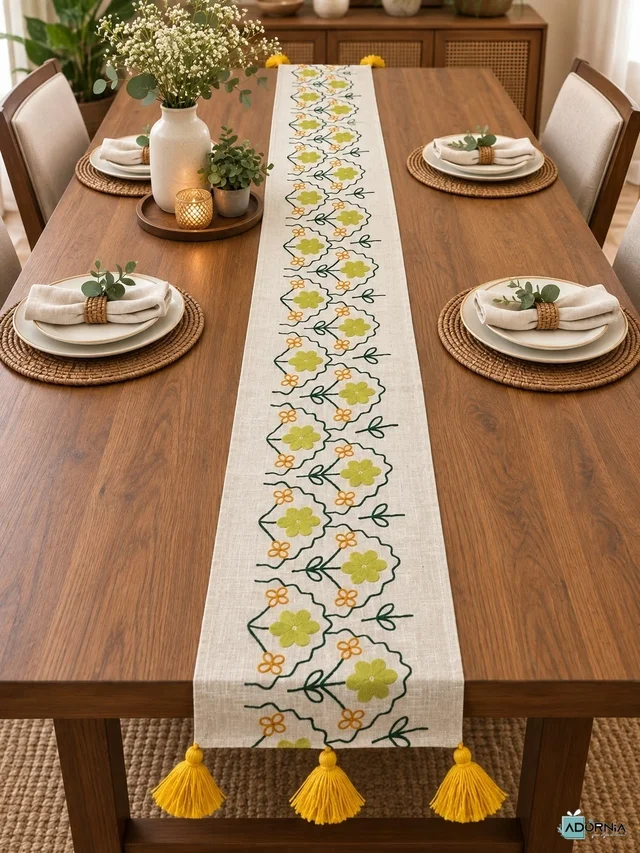 Embroidered Table Runner with Tassels - 13 x 72 inches - Mustard Floral Vine