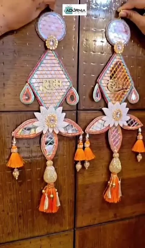 Mirror and Thread Shubh Labh Hangings - Pair, 18 inch
