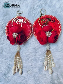 Shubh Labh String Art Rose Hanging Pair with Cowrie Tassels - Red