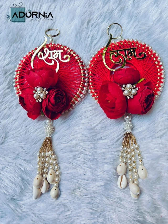 Shubh Labh String Art Rose Hanging Pair with Cowrie Tassels - Red