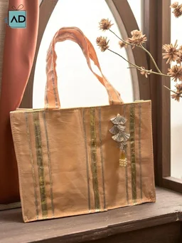 Premium Fabric Gift Bag with Silver Leaf Latkan - Gold, MOQ 10