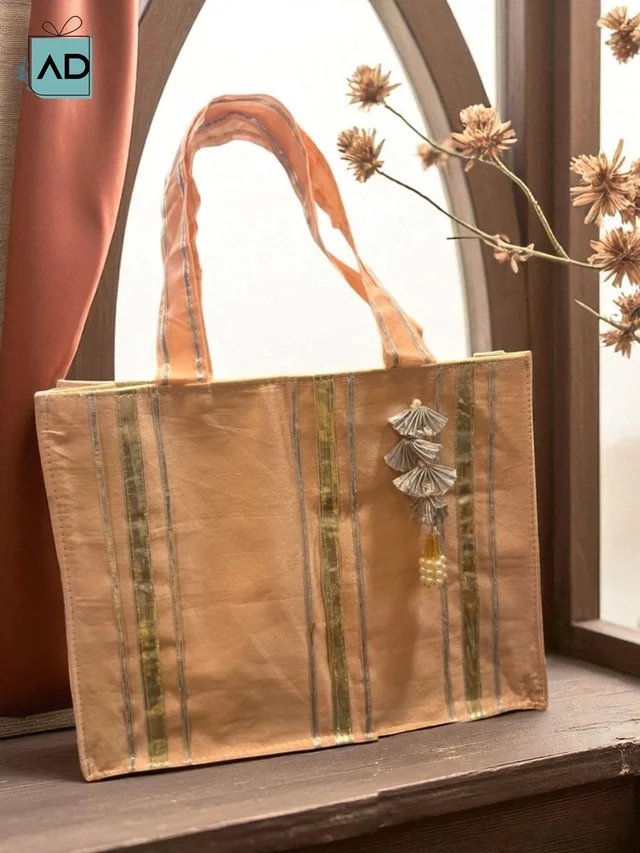 Premium Fabric Gift Bag with Silver Leaf Latkan - Gold, MOQ 10