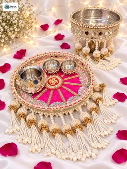 Pearl and Mirror Work Decorative Pooja Thali Set with Channi and Kalash -