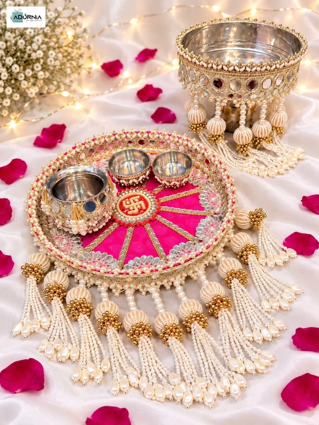 Pearl and Mirror Work Decorative Pooja Thali Set with Channi and Kalash -