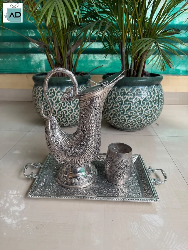 Antique Intricate Jug Glass and Tray Set