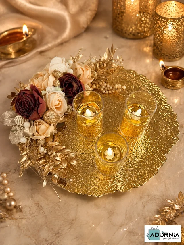 Golden Floral Platter with 3 Candles