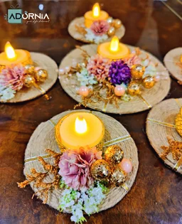 Jute Floral Rangoli Set With 5 Tea Light Holders - With LED T-lights