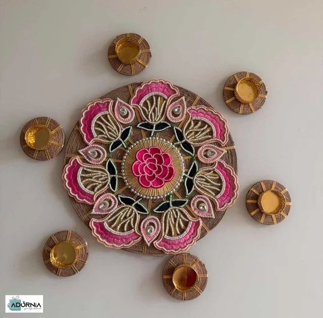 Rangoli on MDF Jute Base 10 Inch with 6 Diya Holders