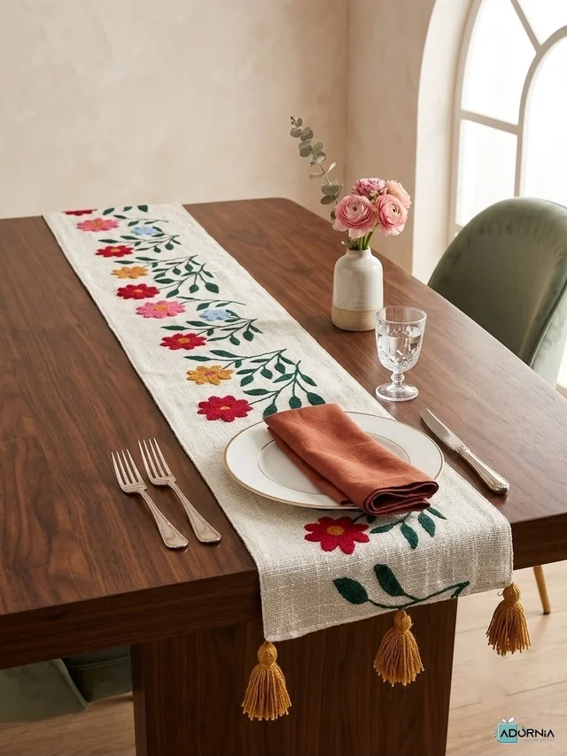 Embroidered Table Runner with Tassels - 13 x 72 inches - Pink Tulip