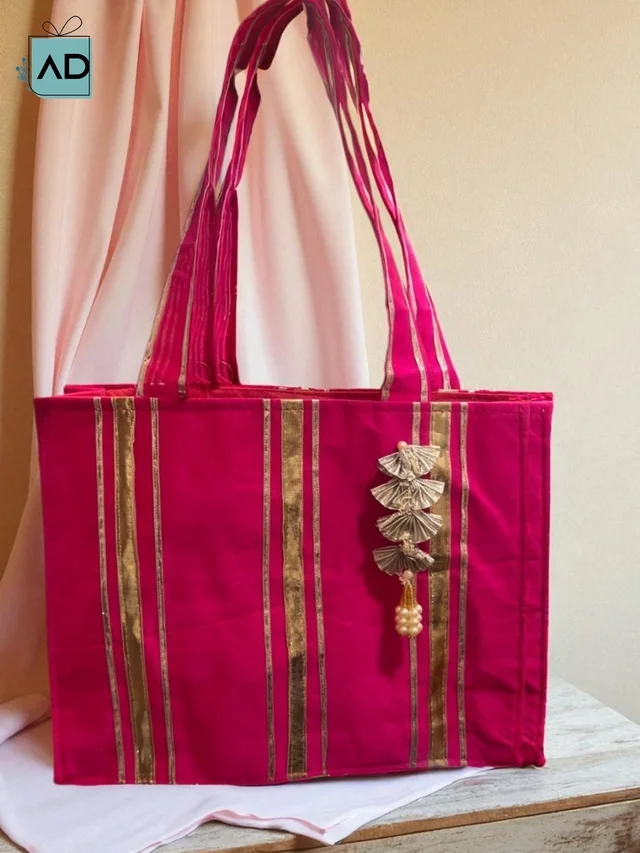 Premium Fabric Gift Bag with Silver Leaf Latkan - Gold, MOQ 10