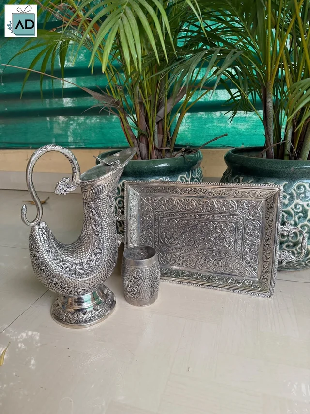 Antique Intricate Jug Glass and Tray Set