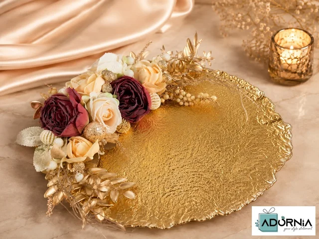 Golden Floral Platter with 3 Candles