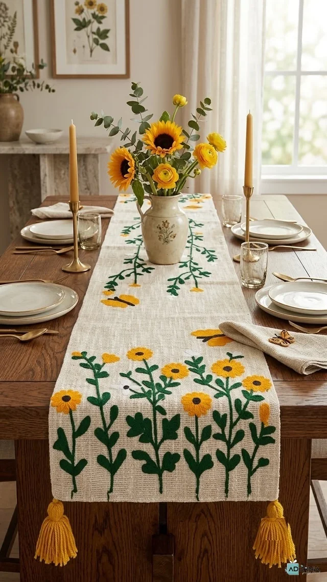 Embroidered Table Runner with Tassels - 13 x 72 inches - Green Clover Vine