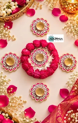 Sola Wood Flower Rangoli Set with 5 Tea Light Holders - Yellow