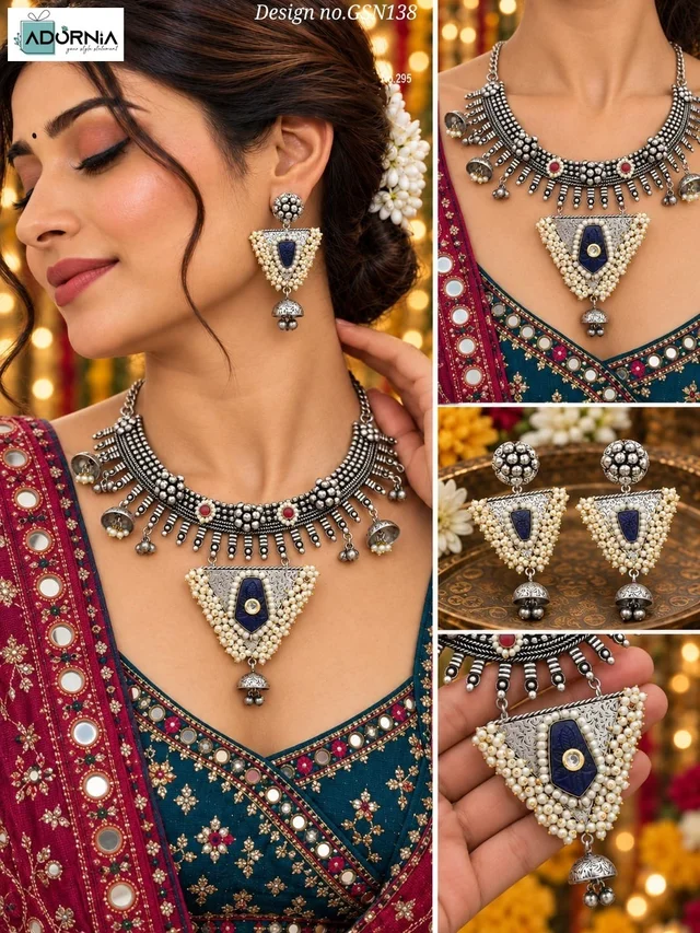 Blue Triangular Pendant Necklace and Earrings Set