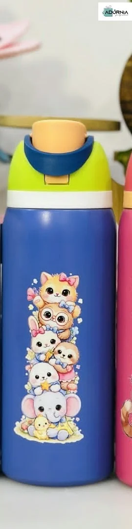 Stainless Steel Sipper Bottle 1000 Ml Kids Cartoon Designs - Elephant Stack Blue